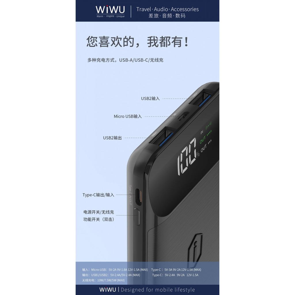 WIWU PD POWERBANK W2 - PD 18W Powerbank 10000mAh and Wireless Charging