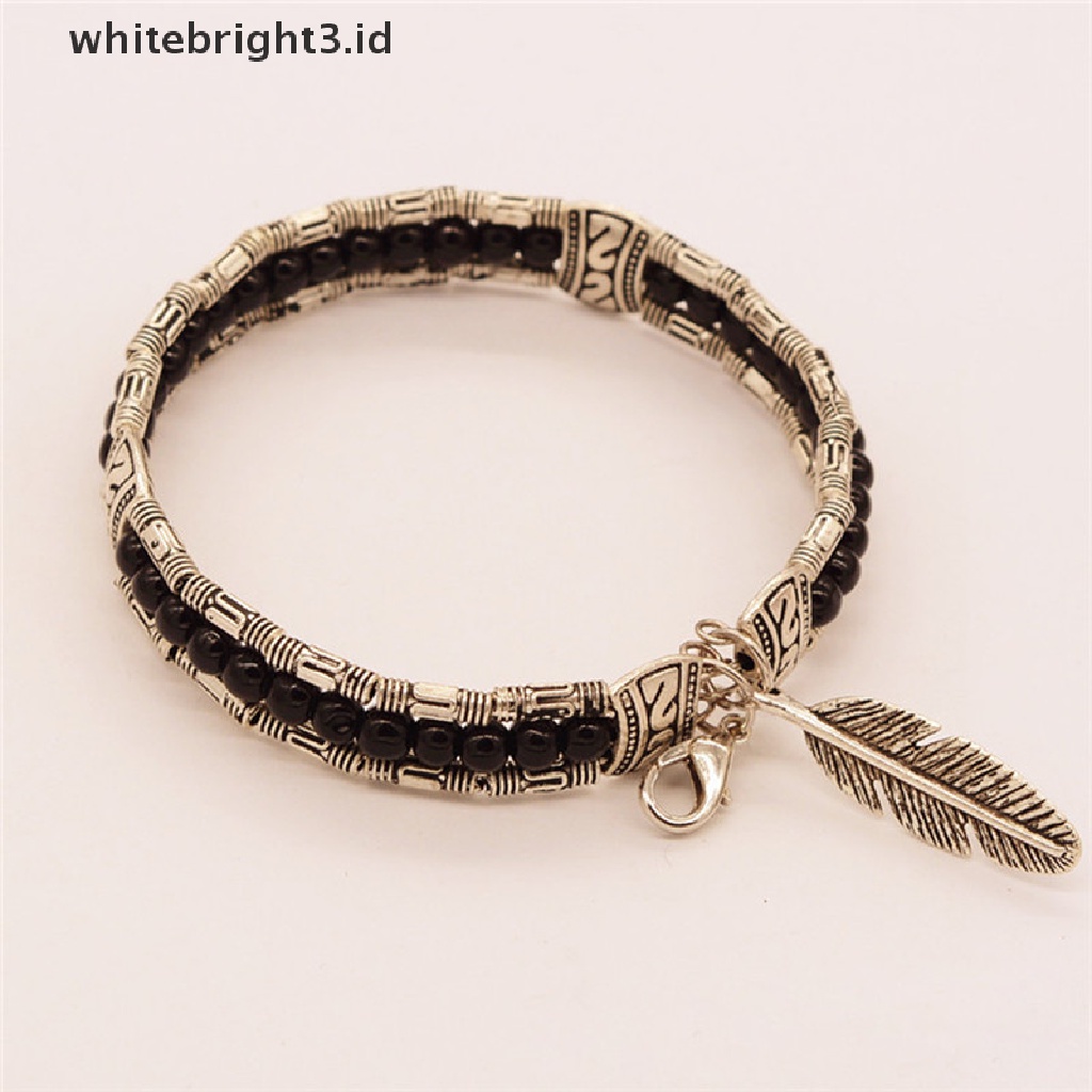 (whitebright3.id) Gelang Tangan Silver Wanita Desain Bulu Hias Turquoise Gaya Tibet / Gipsi / Vintage / Bohemia