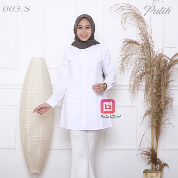 Atasan Wanita kemeja putih polos panjang kancing nututupi pantat bokong wanita Putih L7 S1I0 Kekinia