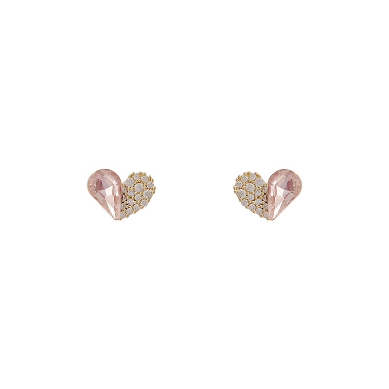 Anting Stud 925 Silver Needle Bentuk Hati Asimetris Aksen Berlian Warna Pink