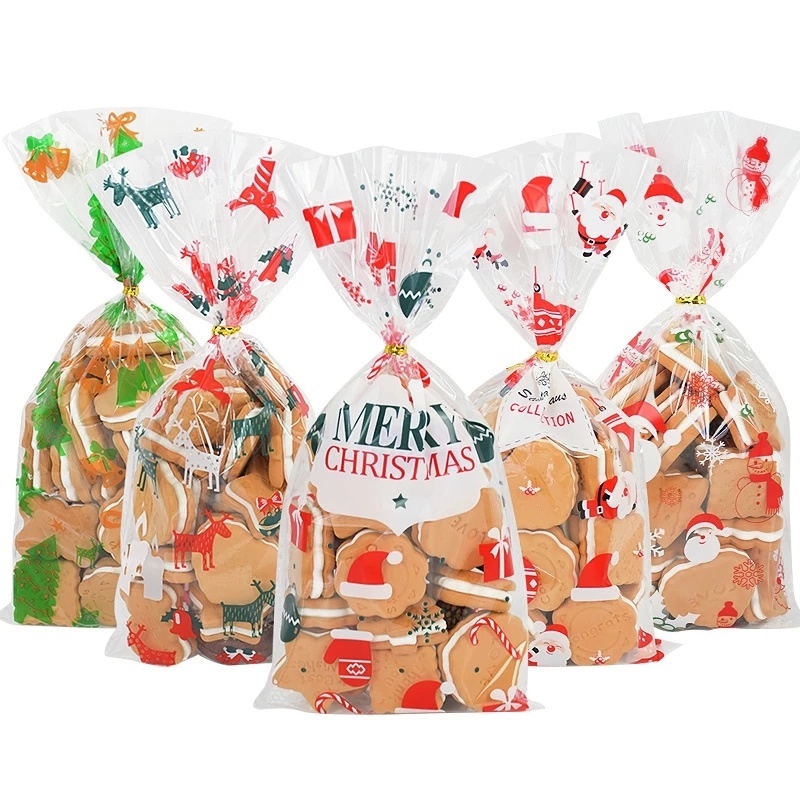 [Christmas Home Decoration Products] [50 Pcs Pack Santa Claus Christmas Tree Elk PVC Bags ] [Self Adhesive Cookie, Snack, Transparent Clear Gifts Bags For Xmas Party Supplies]