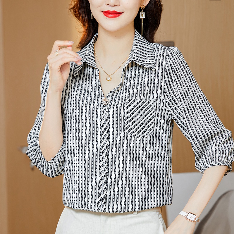 COD 2022 New Fashion Korean Style Red Black Stripes Women Blouse Summer 3/4 Sleeve Length Shirts Tops 2023t Kemeja Korean Style Wanita Kemeja Kerja Wanita