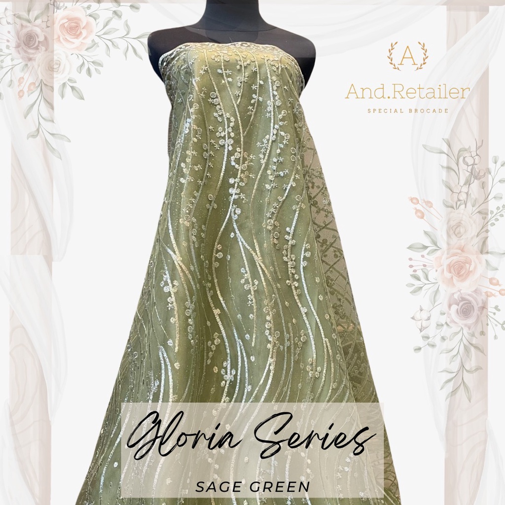 Bahan Kebaya Brokat Premium Tile Bordir Gloria Luxury Edition Warna Sage Green