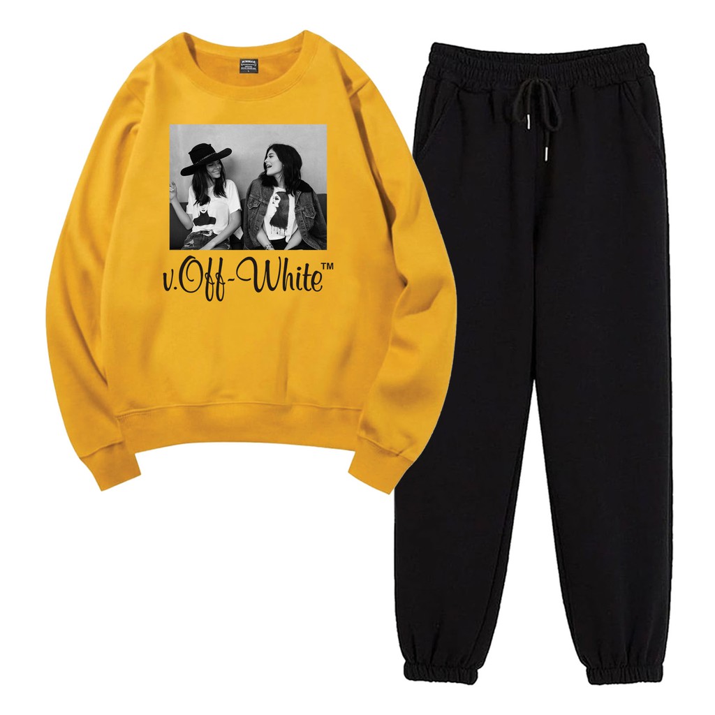 BESS - Baju Setelan Wanita Murah / Setelan Sweater + Jogger Hitam - OFF WHITE