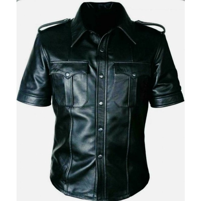 Jaket semi kulit pria formal / jaket sintetis hitam kerah kemeja pendek Polisi Police Fantasi Keren