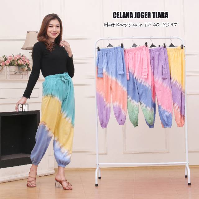 Celana panjang wanita bahan kaos motif pelangi terbaru