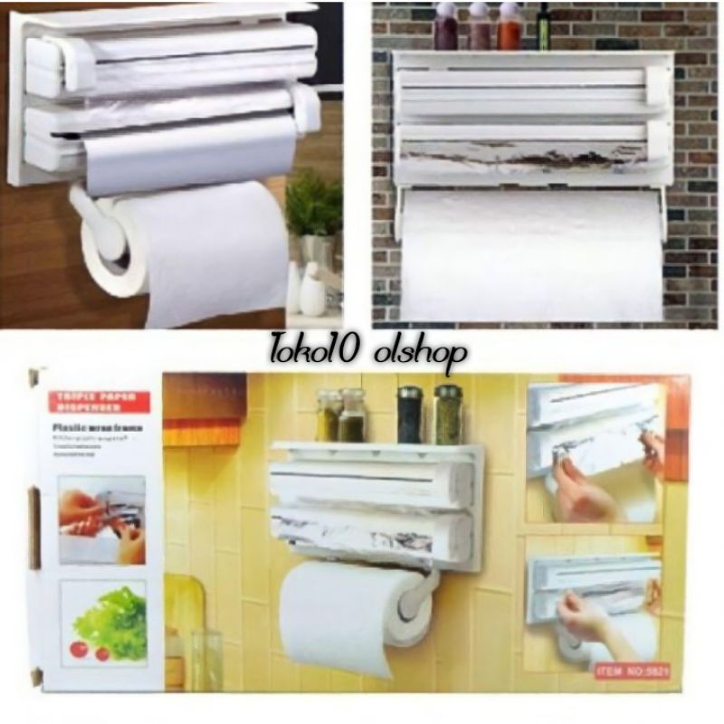 Triple Paper Kitchen Dispenser 3 in 1 Tempat Tissue Cling Wrap Aluminium Foil