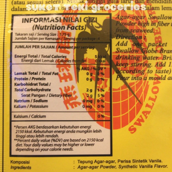 

Ht662D Agar Agar Swallow Globe Asli Putih Plain Sachet 7Gr Ready Ht5H