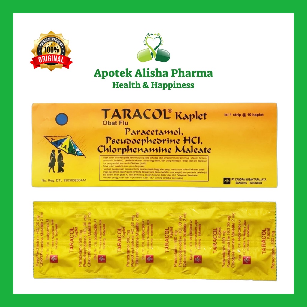 TARACOL Strip 10 Tablet - Paracetamol Obat Penurun Panas / Demam Pereda Nyeri Pusing Sakit Kepala Flu / Pilek dan Batuk Tarakol Tablet