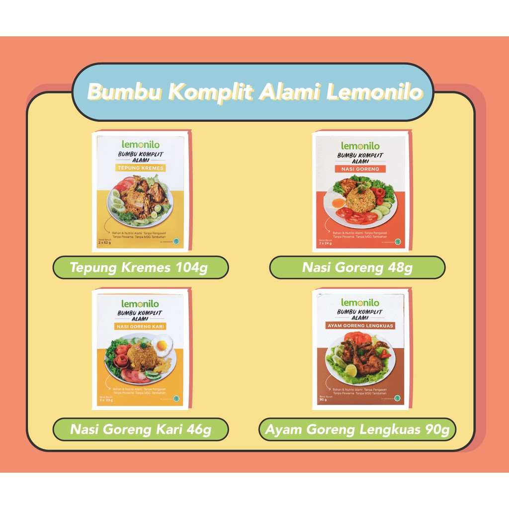 

Lemonilo Bumbu Komplit Nasi Goreng 46gr & 48gr, Tepung Kremes 104gr, Ayam Goreng 48gr