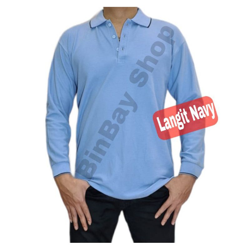 KAOS KERAH KATUN PIQUE LENGAN PANJANG BIRU LANGIT LIS NAVY