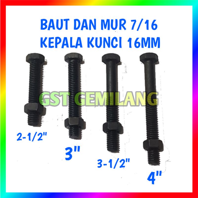 BAUT DAN MUR 7/16 INCI KEPALA KUNCI 16 MM 4 INCI