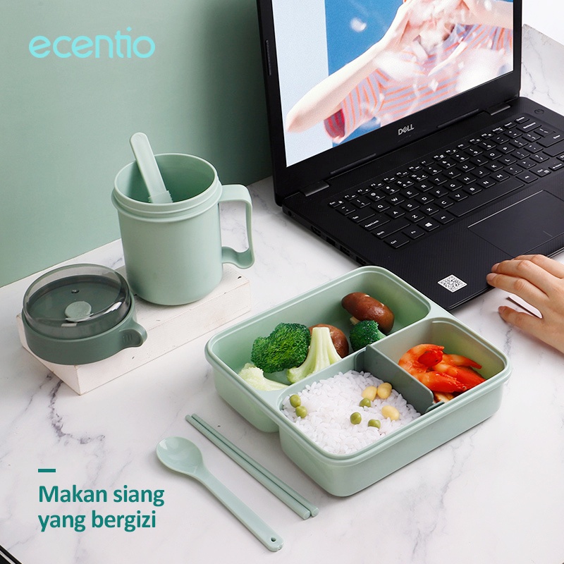 ecentio Tempat Makan Lunch Box Set/1100ml Anti Percikan Kotak Makan&amp;Mangkok Sup With Free Sendok&amp;sumpit