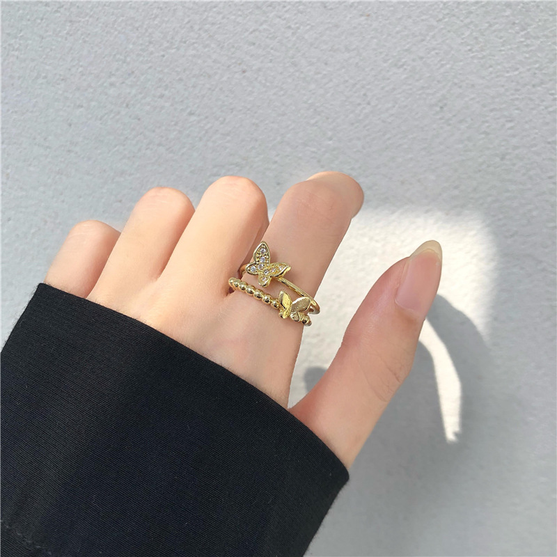 YEEZII 925 Silver Butterfly Rings Adjustable Rings Retro Zircon Double Layer Ring Women Fashion Jewelry Accessories