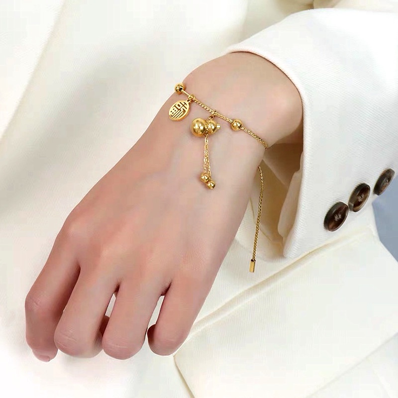 Gelang Titanium Rumbai Labu 'Fu' Keberuntungan Emas 18K Anti Karat Aksesoris Wanita Korea