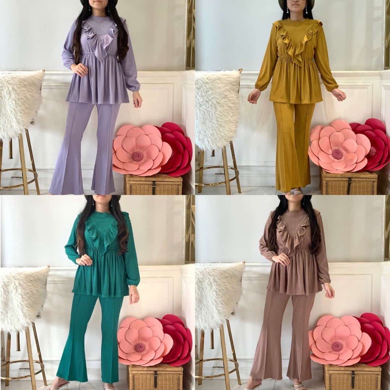 ANGGUN RUFFLE SET | ONE SET PREMIUM BAHAN PLEATS IMPORT | SETELAN DAPAT BAJU + CELANA