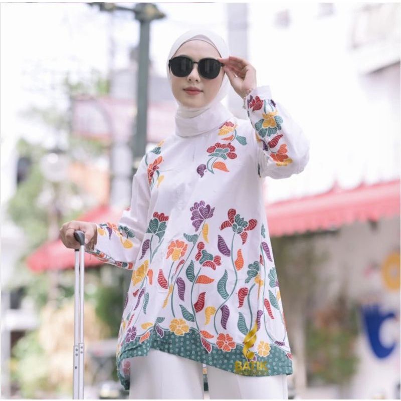 BATIK WANITA PRABUSENO BAJU BLUS BLOUSE BATIK MOTIF EMMA BAHAN BATIK TULIS MADURA LAPIS TRIKOT BAJU 
