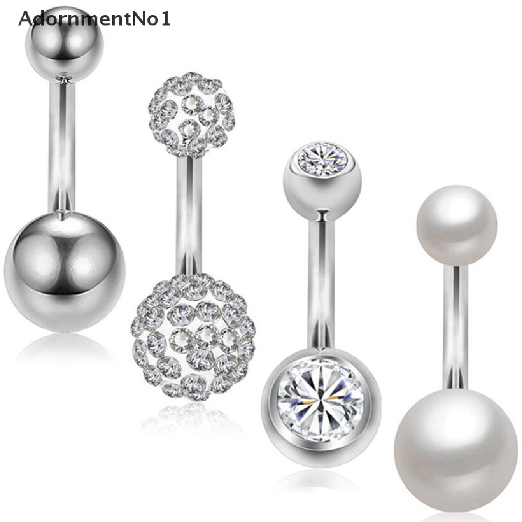 (AdornmentNo1) 4pcs / Set Anting Tindik Pusar 14G Aksen Dua Bola Kristal + Mutiara Untuk Perhiasan Wanita