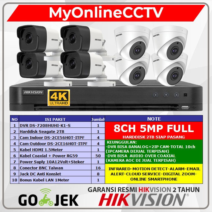 Paket CCTV Hikvision 8Ch 5MP 4K Lengkap  8 Kamera HDD 1TB 2TB 4TB