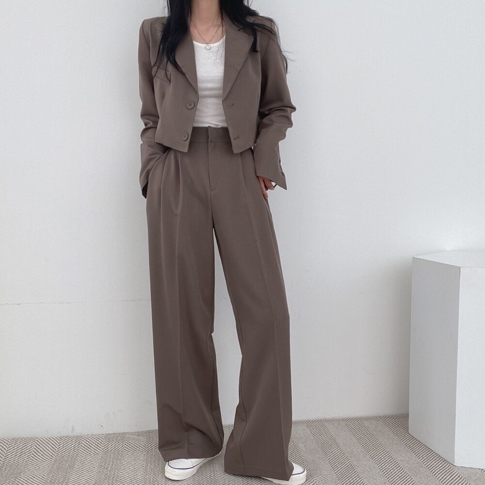 Setelan Wanita Kekinian Import Korean Style Celana Kulot Highwaist Loose/Blazer Crop Jaket Lengan Panjang/Pakaian Wanita Terbaru/One Set Wanita