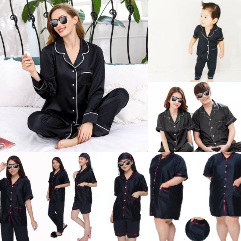 baju tidur couple satin / piyama pasangan keluarga / piama saten polos hitam SET