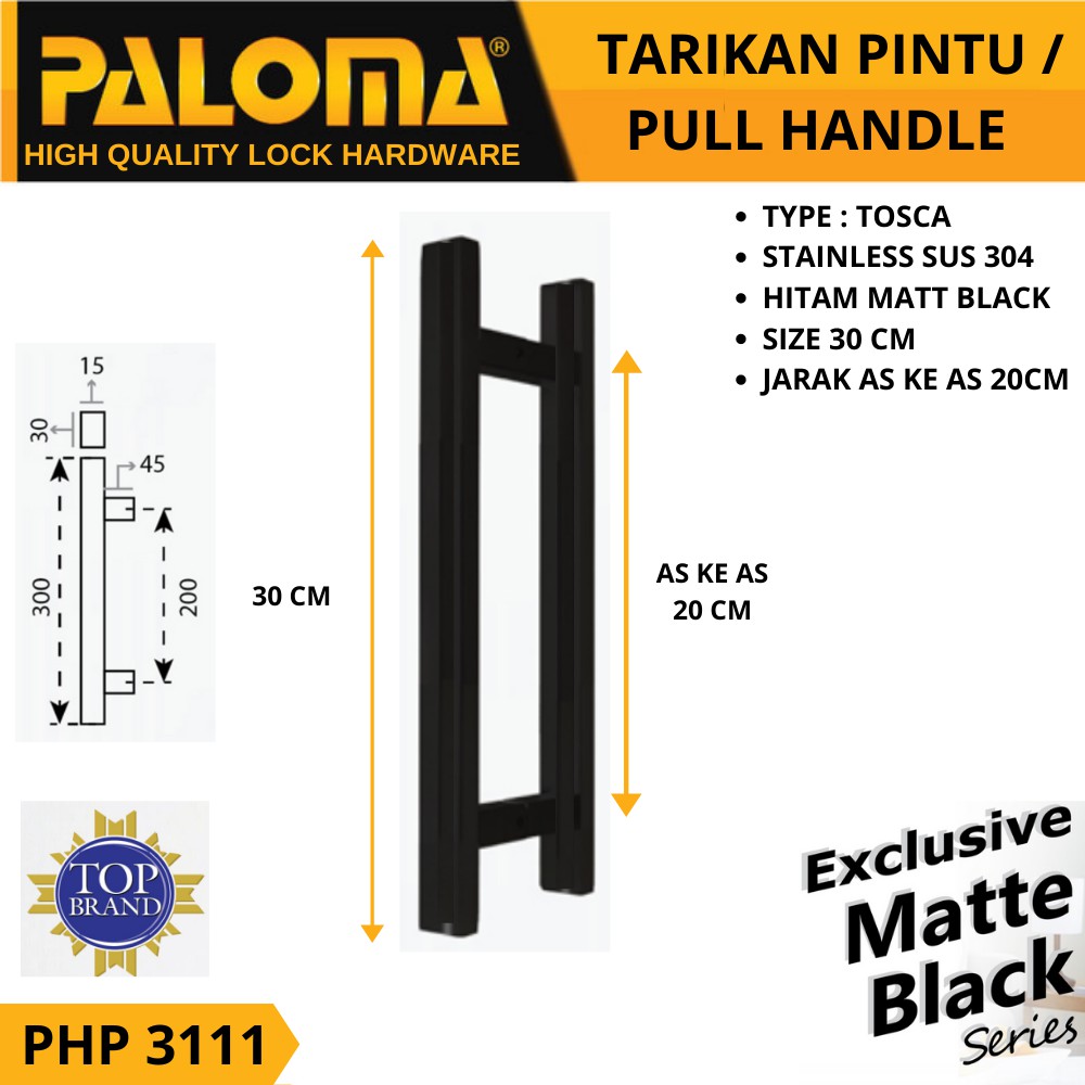 PALOMA PHP 3111 PULL HANDLE TARIKAN GAGANG PINTU 300MM HITAM BLACK MATT