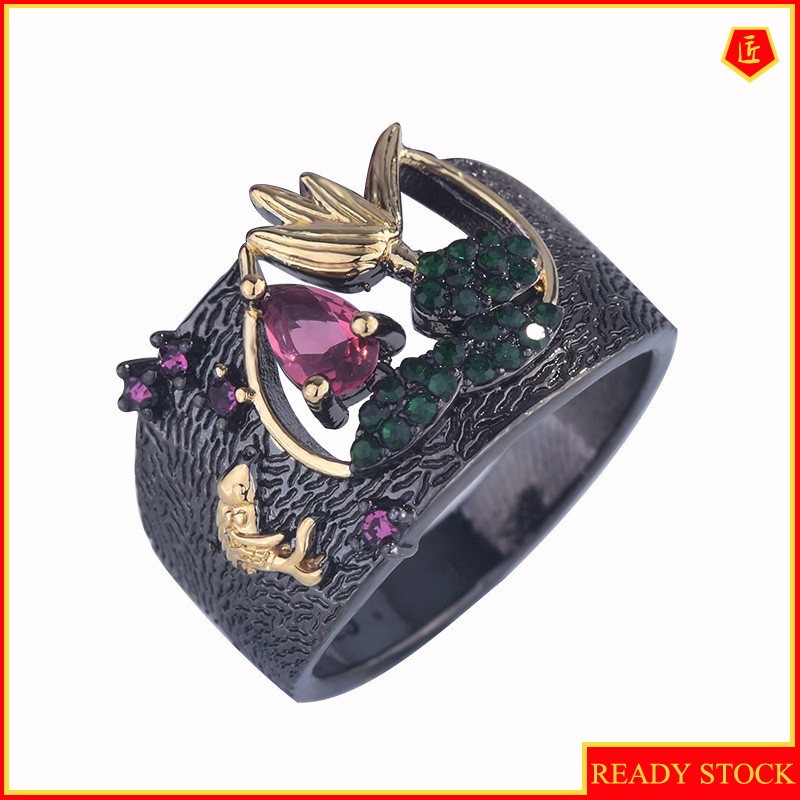 [Ready Stock]Creative New Two-Tone Bird Ring Black Retro Diamonds