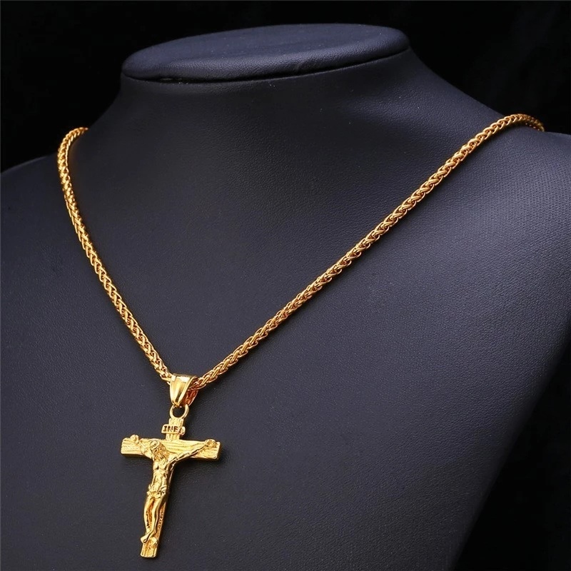 Kalung Rantai Klavikula Dengan Liontin Salib Yesus Warna Emas Gaya Hip Hop Untuk Pria Dan Wanita