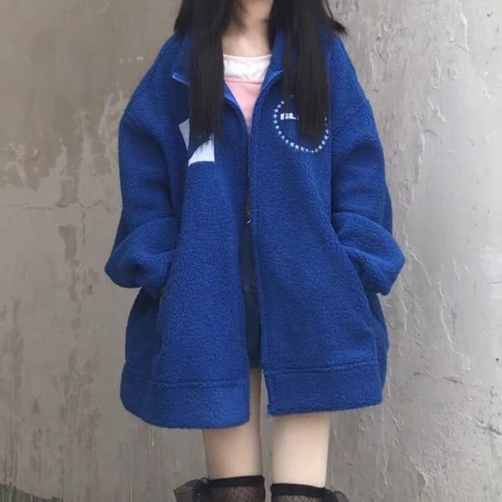 Suhao Jaket Bisbol Klein Biru Imitasi Domba Beludru Mantel Tebal Wanita Amerika Amerika Retro Longga