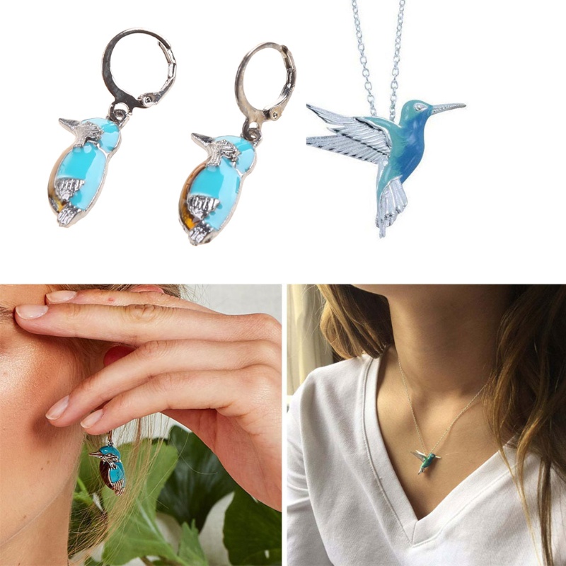 Siy Set Anting Tusukkalung Dengan Liontin Burung Kolibri Warna Biru Untuk Wanita