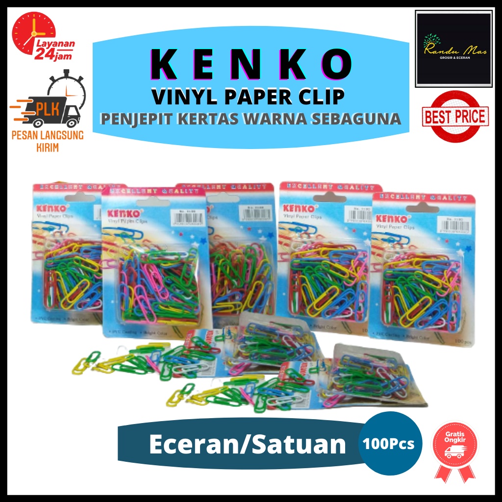 Kenko Klip Kertas / Vinyl Paper Clips Warna Isi 100 Pcs Berlapis Anti Slip dan Kusut Kertas Serbaguna Original