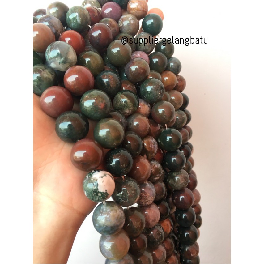 bahan gelang kalung 16mm INDIA AGATE glossy bloodstone hijau mix rare craft fashion aksesoris trend