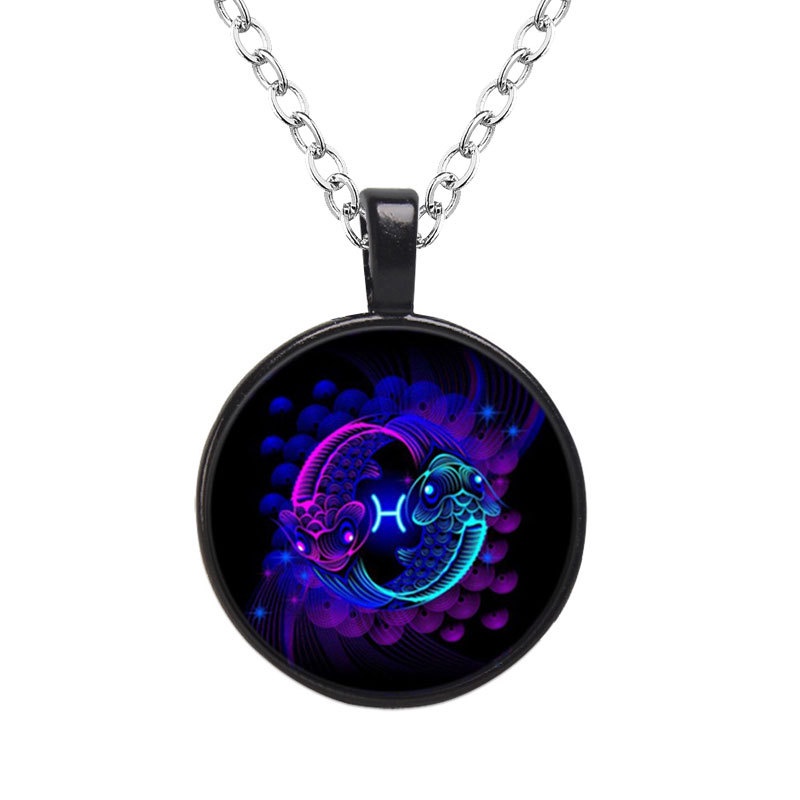Kalung Rantai Dengan Liontin Kaca 12 Zodiak Untuk Unisex