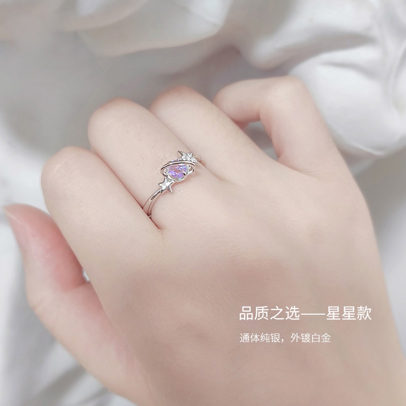 Cincin Jari Telunjuk S925 Silver Bentuk Bulan Bintang Dapat Disesuaikan Untuk Aksesoris Wanita