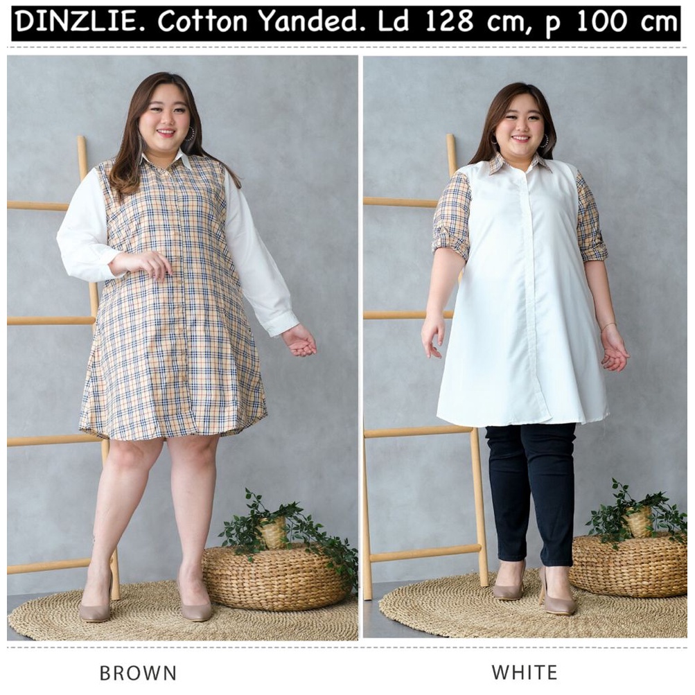 DINZLIESHOP KEMEJA PANJANG TUNIK WANITA BAHAN KATUN PUTIH POLOS KOMBINASI KOTAK KOTAK BURBERRY S M L