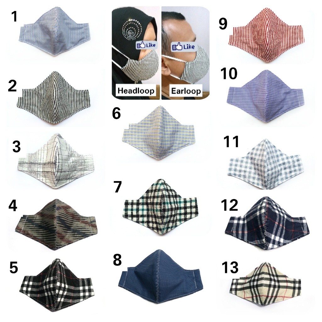 Masker Kain Pria/wanita 3ply (3 lapis) karet headloop/earloop motif keren