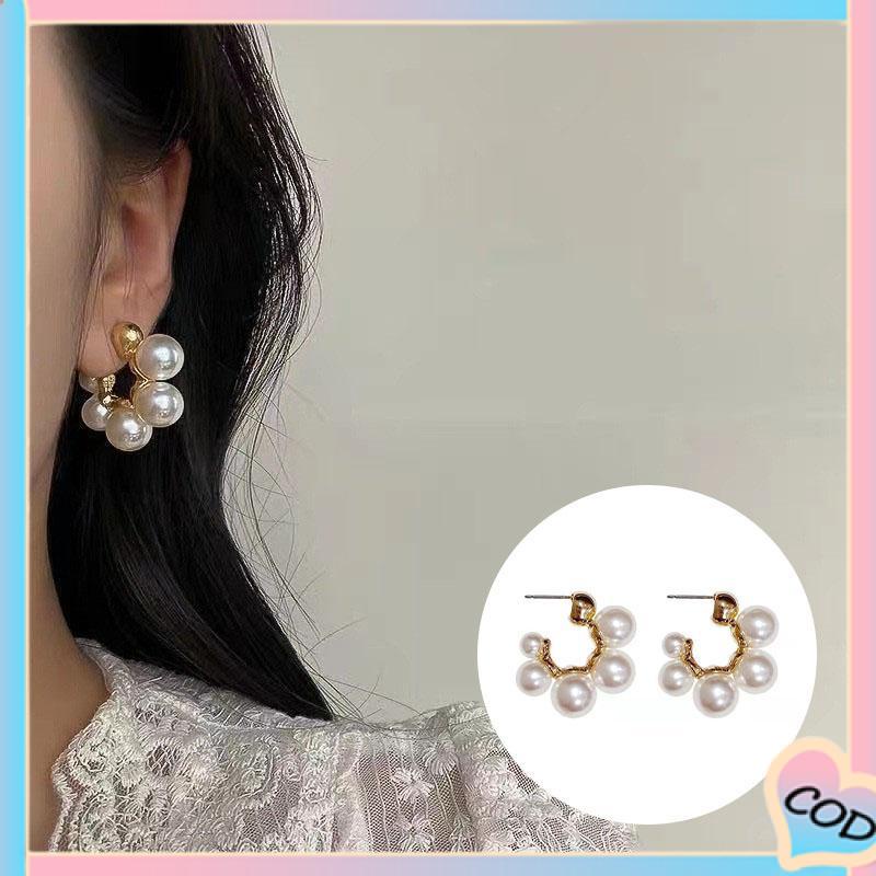 COD❤️ Retro Desain Ceruk Mutiara Besar Berbentuk C Rasa Anting Temperamen Tidak Teratur-A.one