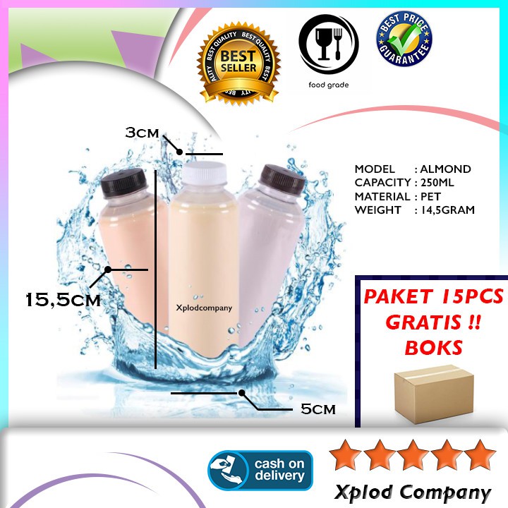 (15PCS) BOTOL ALMOND 250ML KEMASAN MINUMAN MURAH BOTOL PLASTIK 250 ML POLOS ALMON MATCHA JAMU SUSU