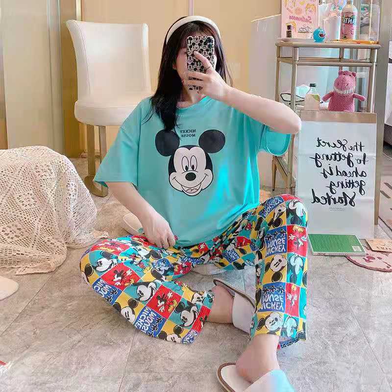 Piyama Oversize Bahan Kaos Lengan Pendek Baju Tidur Wanita pakaian tidur wanita kaos set baju tidur wanita piyama-Green Mickey