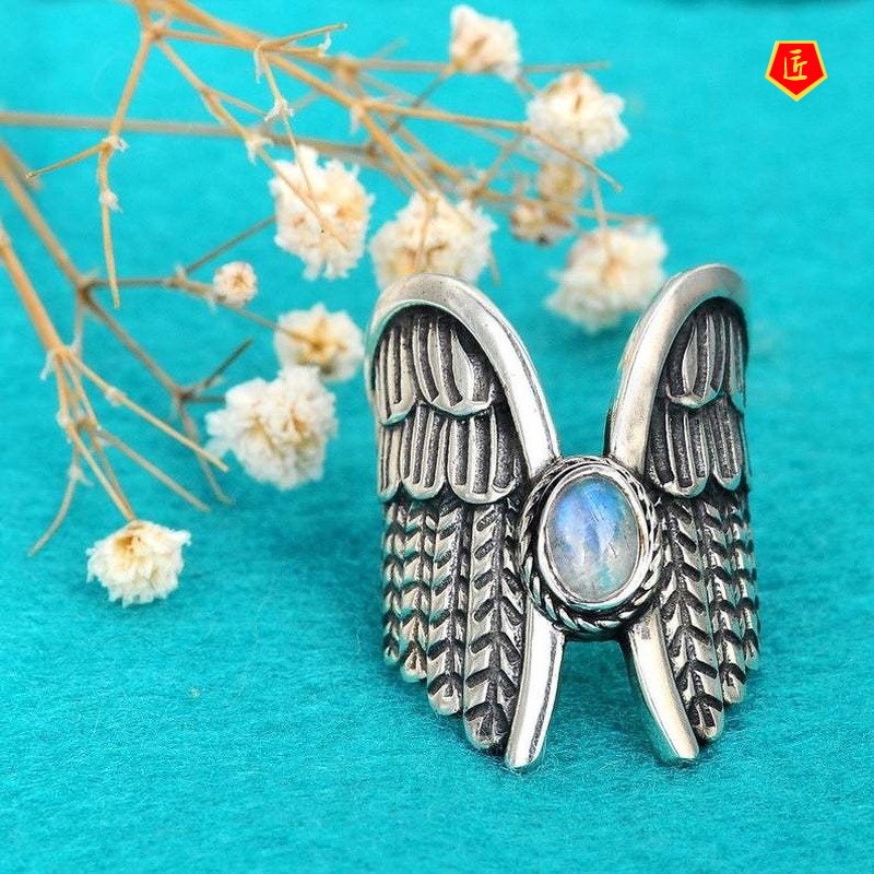 [Ready Stock]Retro Personalized Angel Wings Moonstone Ring