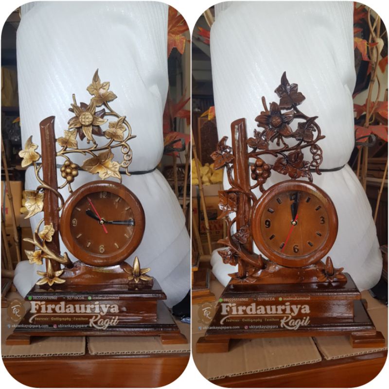 Jam meja ukiran kayu jati jepara mewah antik estetik aesthetic klasik jam asli ukir pahat jati terba