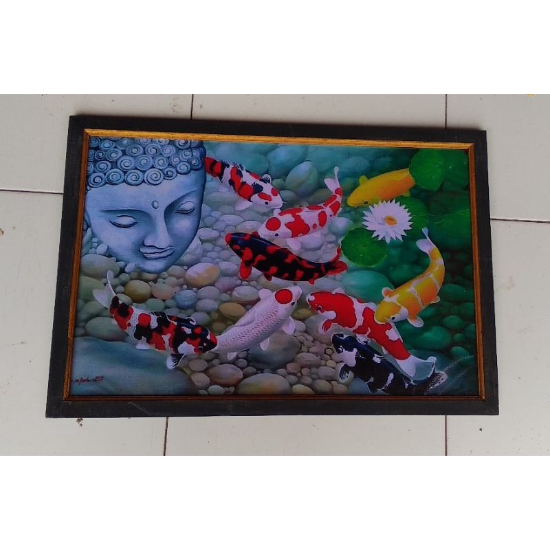hiasan dinding lukisan cetak ikan koi budha plus Bingkai ukuran 65×45