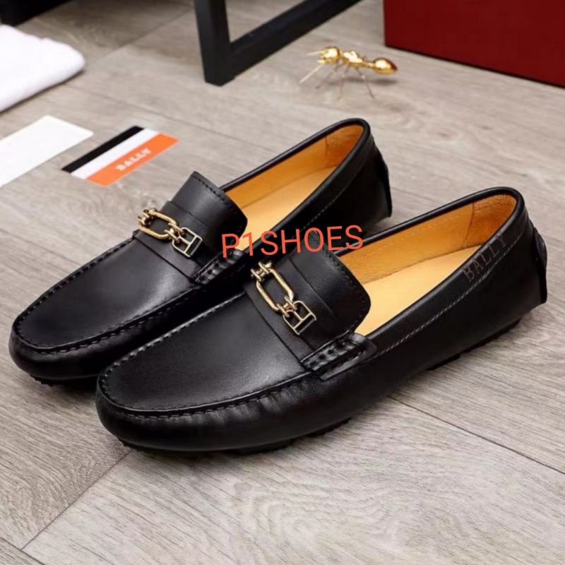 sepatu pria bally loafer mirror quality model slip on cowok hitam kulit asli leather shoes