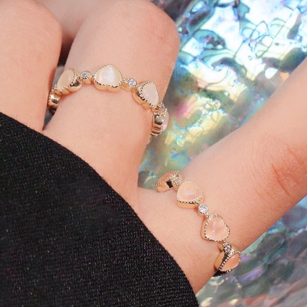 Hu Hu Hu Hu Hu Alat Bantu Pasang Kacamata♡ Cincin Tembaga Model Terbuka Adjustable Bentuk Hati Hias Opal Untuk Wanita