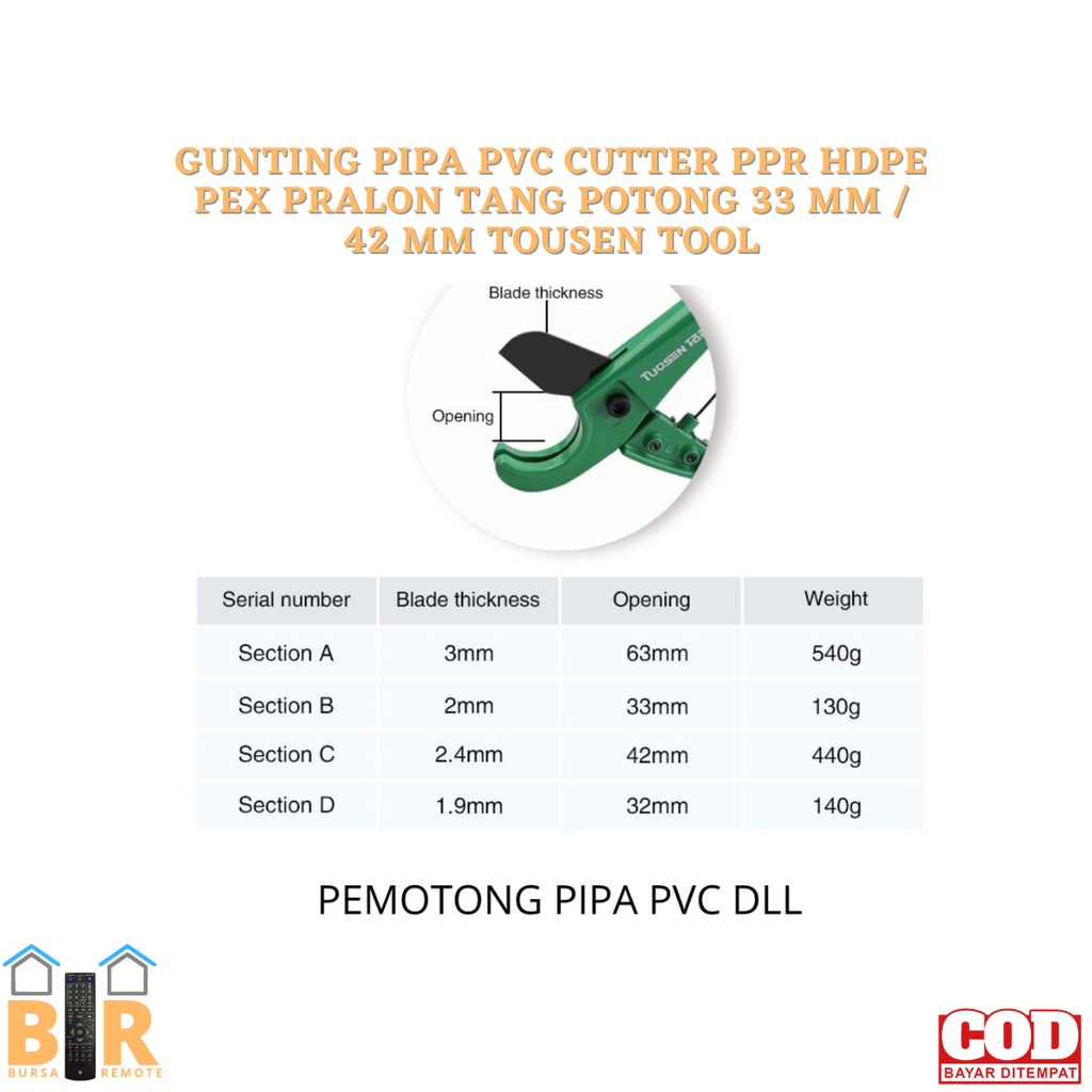 Gunting PIPA PVC CUTTER PPR HDPE PEX PRALON TANG POTONG 33 MM / 42 MM TOUSEN TOOL