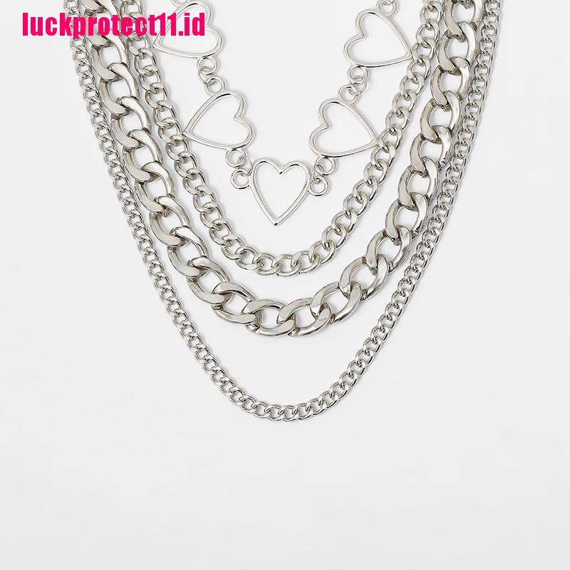 Kalung Rantai Choker Multilayer Bahan Logam Bentuk Hati Gaya Punk