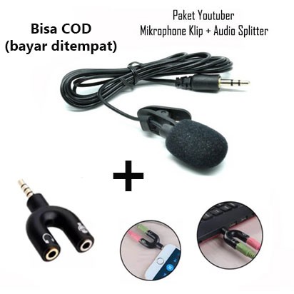 MIC CLIP ON AND AUDIO SPLITTER U SHAPE PAKET YOUTUBER VLOGGER SMULE ALAT REKAMAN