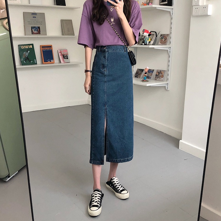 Korean Style Slit Rok Denim Panjang Wanita A-line Skirt Midi High Waist