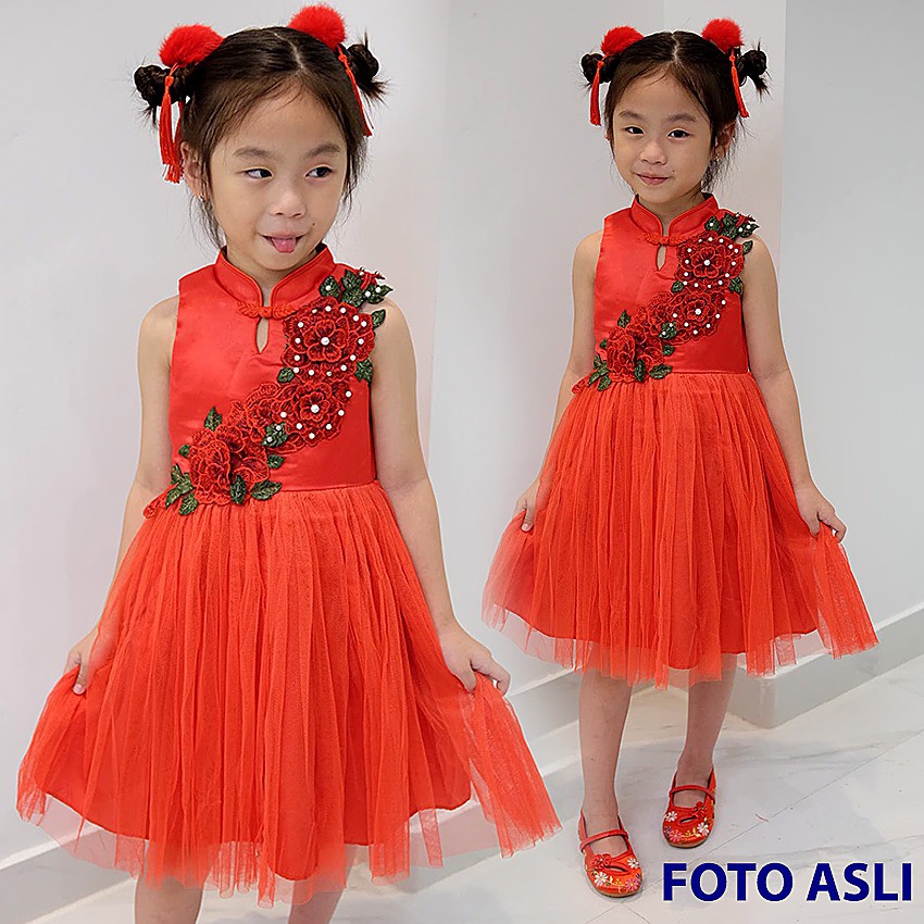 Cheongsam Merah Anak Perempuan Tutu Rosse Motek