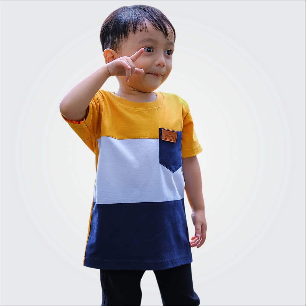CHE&KAY Kaos Anak Laki Laki Premium 1 Sampai 10 Tahun Kombinasi Warna Kuning mustard, Putih, Navy